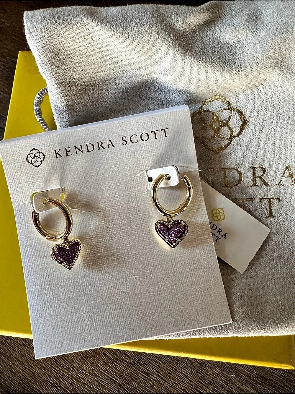 Kendra Scott Ari Heart Huggie Earrings Gold Purple Heart Drop Hoop Earrings NWT